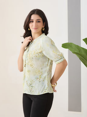 Latin Quarters Women Green Printed Half Sleeves Casual Top
