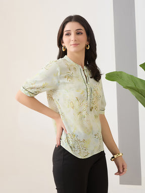 Latin Quarters Women Green Printed Half Sleeves Casual Top