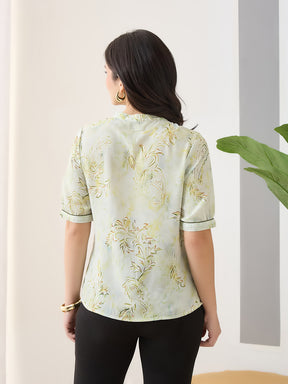 Latin Quarters Women Green Printed Half Sleeves Casual Top