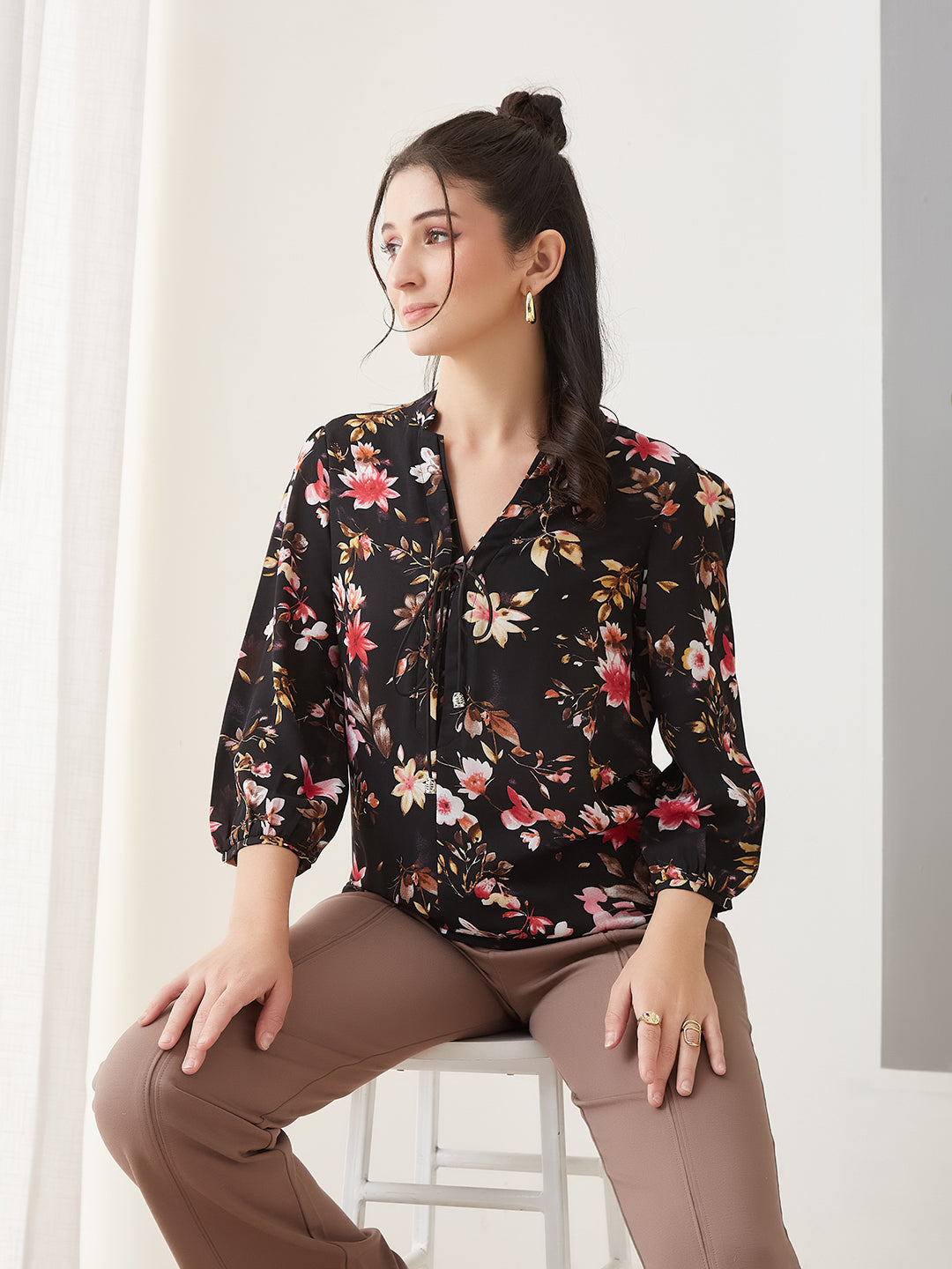 Latin Quarters Women Black Printed 3/4th Sleeves Casual Top