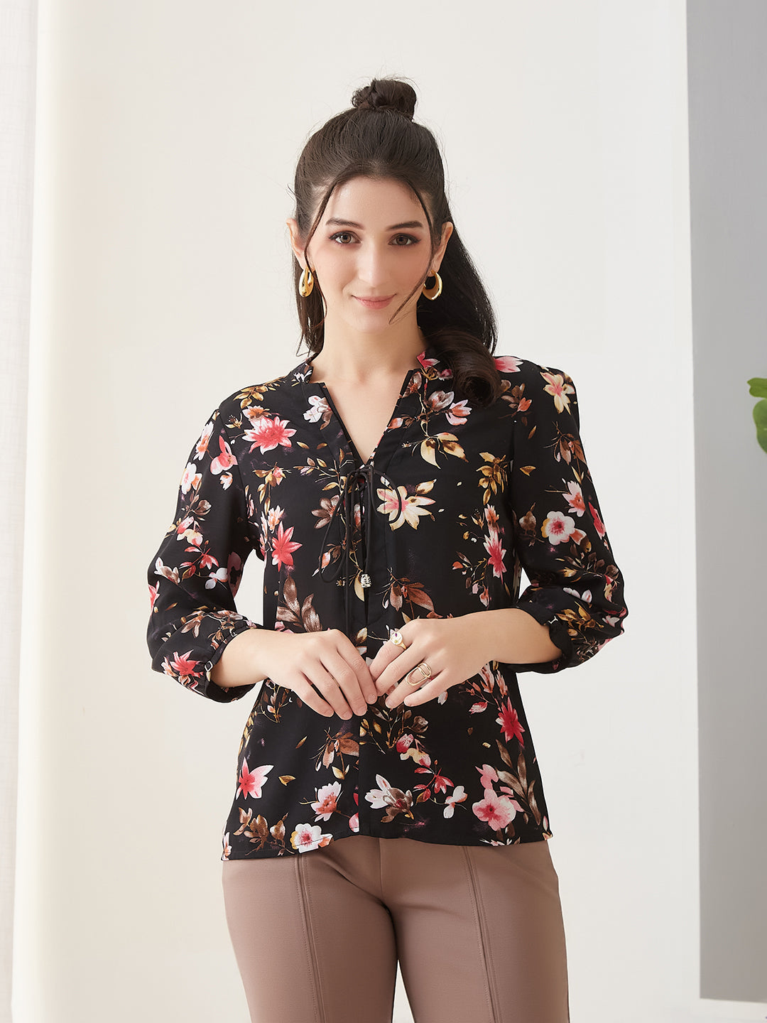 Latin Quarters Women Black Printed 3/4th Sleeves Casual Top