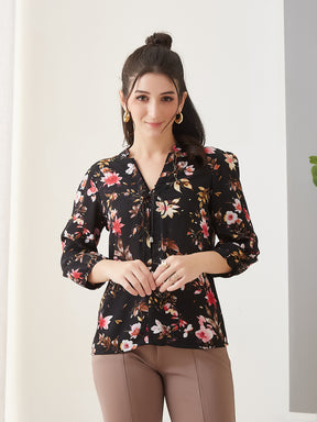 Latin Quarters Women Black Printed 3/4th Sleeves Casual Top
