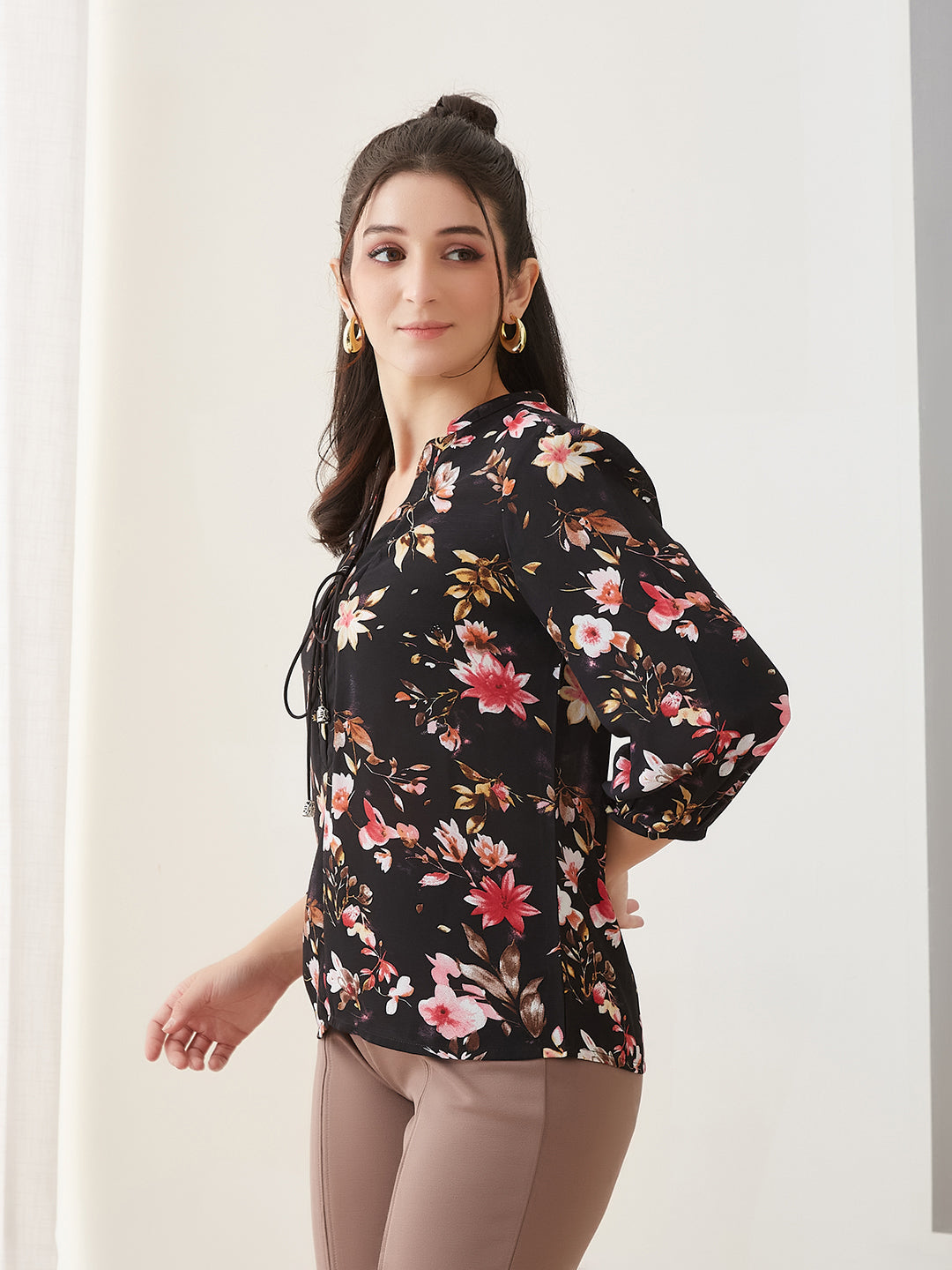 Latin Quarters Women Black Printed 3/4th Sleeves Casual Top