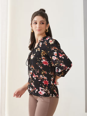 Latin Quarters Women Black Printed 3/4th Sleeves Casual Top