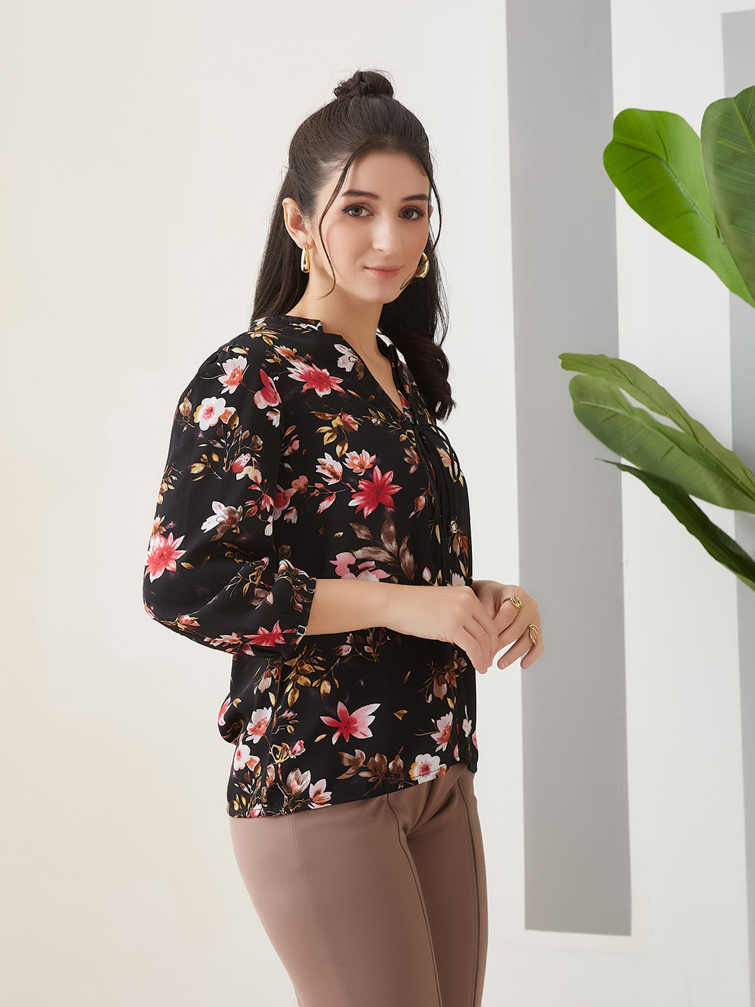 Latin Quarters Women Black Printed 3/4th Sleeves Casual Top