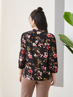 Latin Quarters Women Black Printed 3/4th Sleeves Casual Top