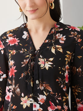 Latin Quarters Women Black Printed 3/4th Sleeves Casual Top