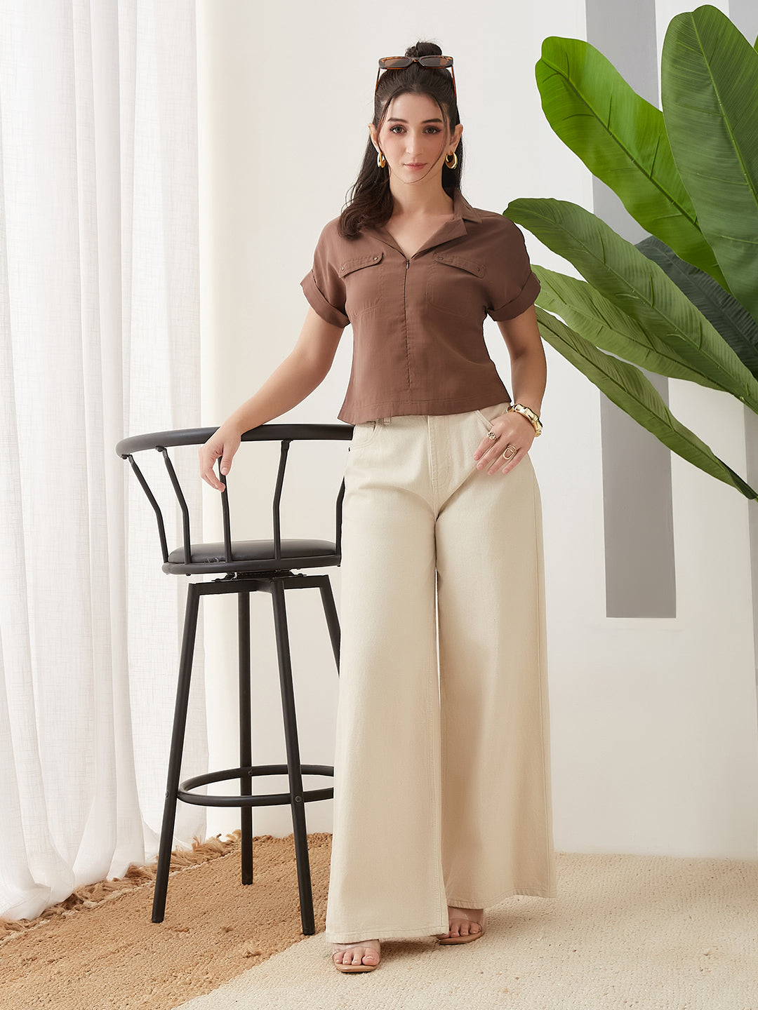 Latin Quarters Women Brown Solid Cap Sleeves Casual Top