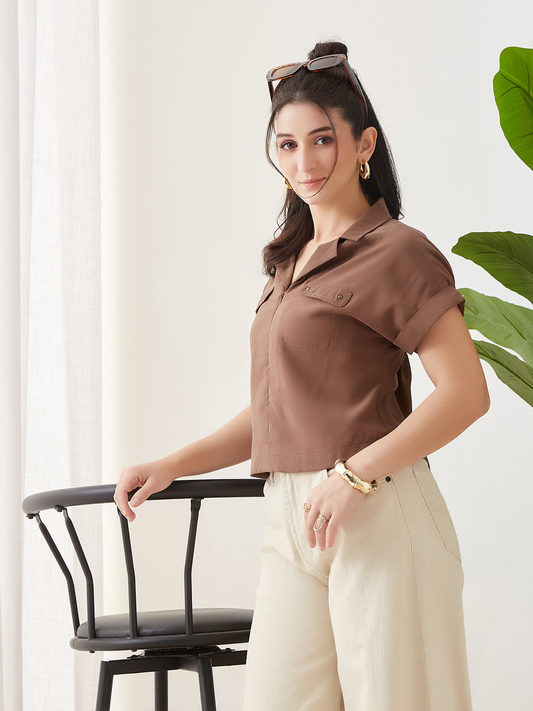 Latin Quarters Women Brown Solid Cap Sleeves Casual Top