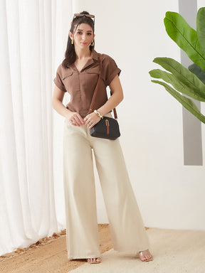 Latin Quarters Women Brown Solid Cap Sleeves Casual Top