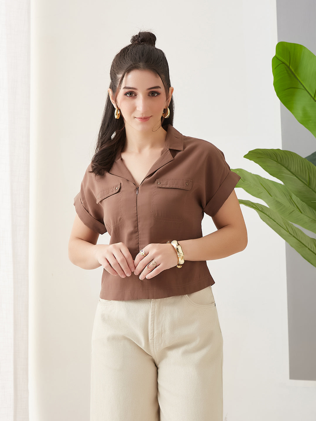 Latin Quarters Women Brown Solid Cap Sleeves Casual Top