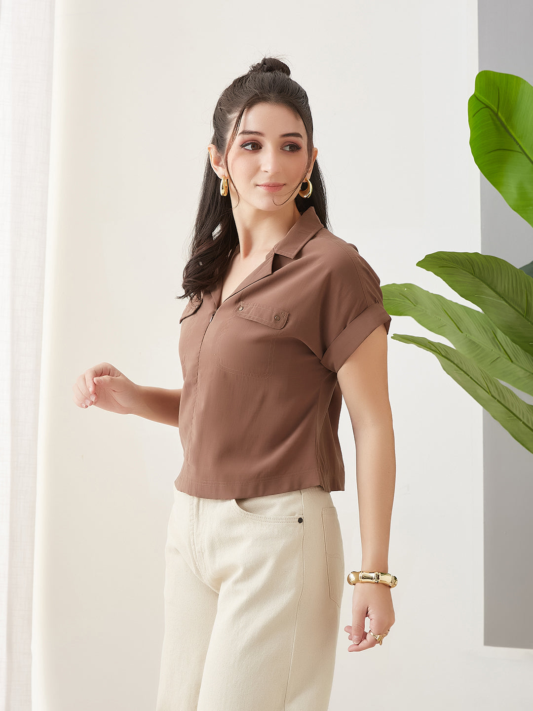 Latin Quarters Women Brown Solid Cap Sleeves Casual Top