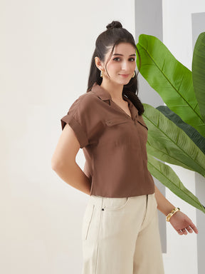 Latin Quarters Women Brown Solid Cap Sleeves Casual Top
