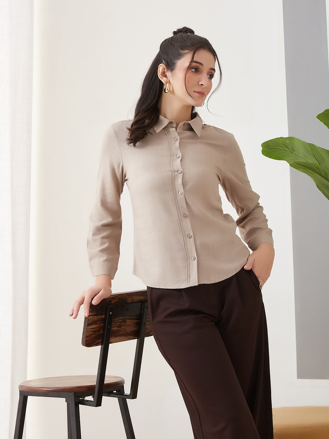Latin Quarters Women Beige Solid Full Sleeves Collar Neck Casual Shirt