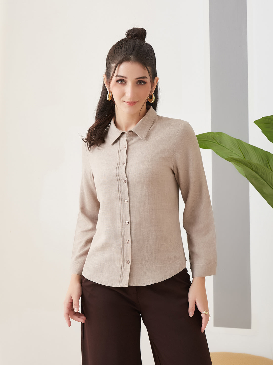 Latin Quarters Women Beige Solid Full Sleeves Collar Neck Casual Shirt