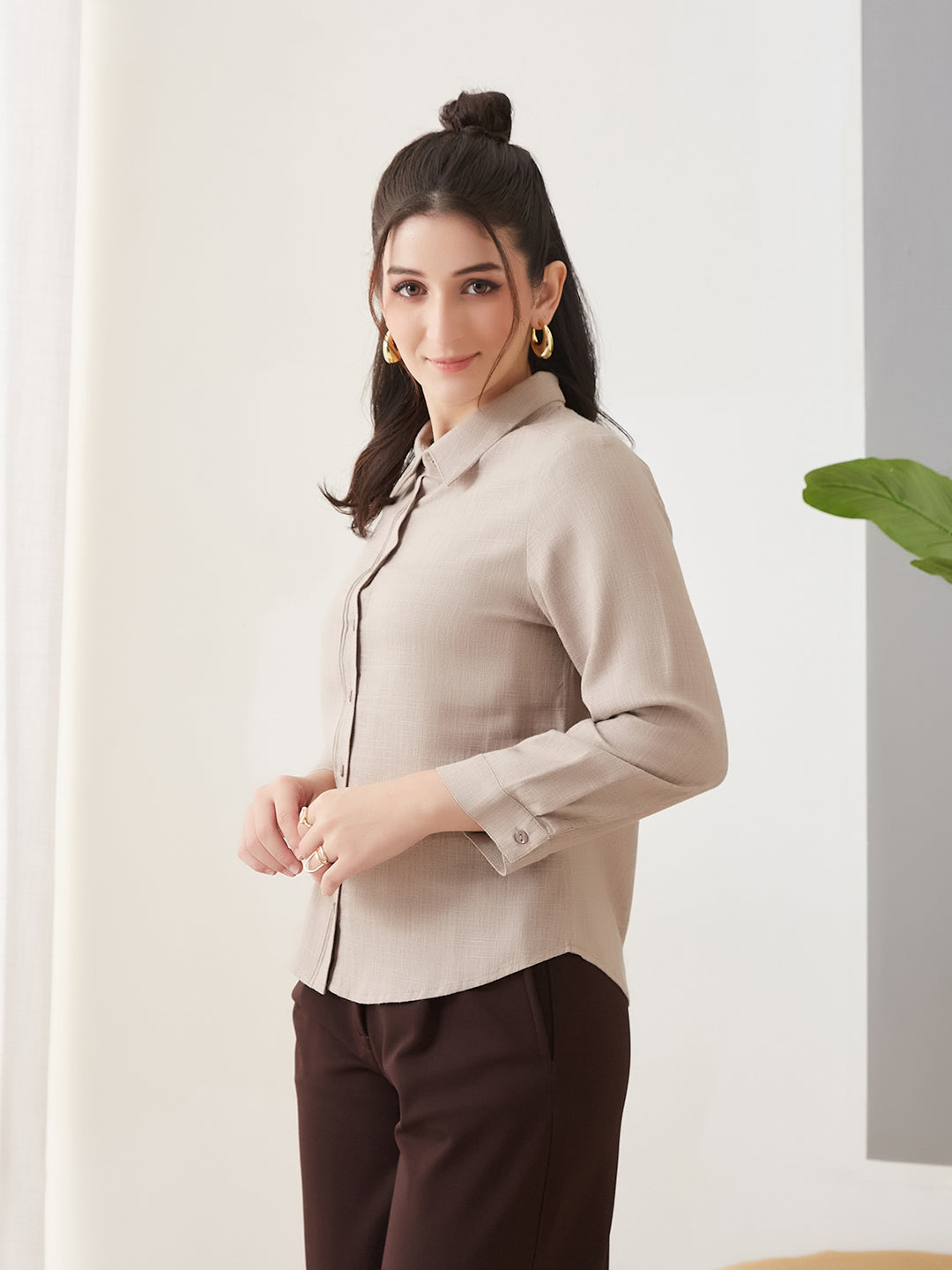 Latin Quarters Women Beige Solid Full Sleeves Collar Neck Casual Shirt