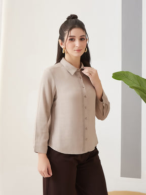 Latin Quarters Women Beige Solid Full Sleeves Collar Neck Casual Shirt