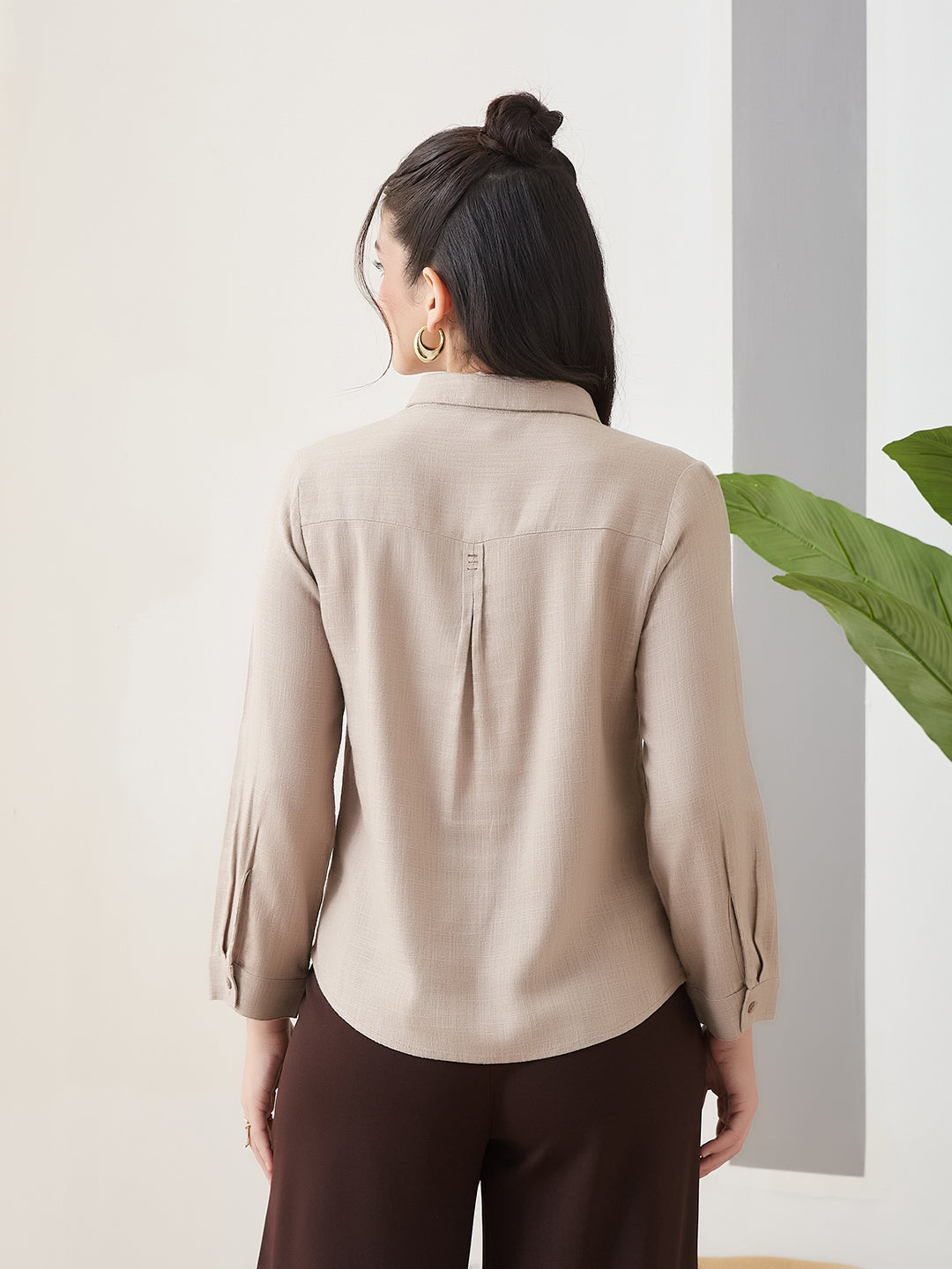 Latin Quarters Women Beige Solid Full Sleeves Collar Neck Casual Shirt