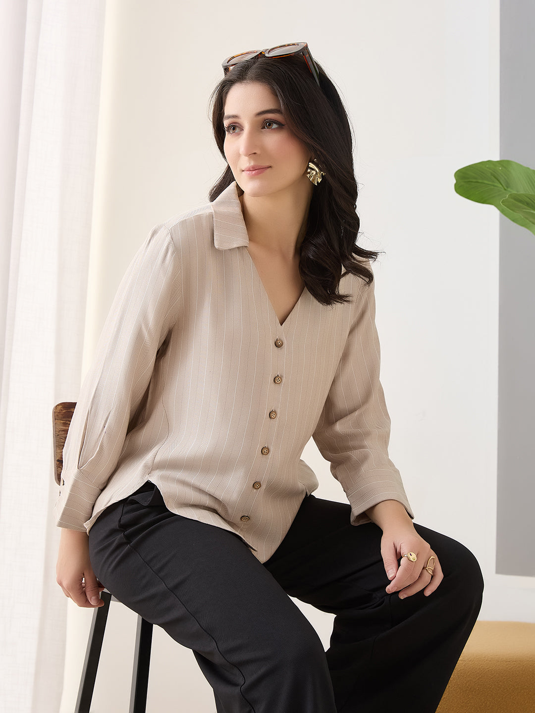 Latin Quarters Women Beige Stripes Full Sleeves Collar Neck Casual Shirt