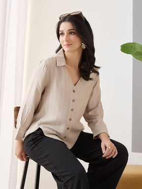 Latin Quarters Women Beige Stripes Full Sleeves Collar Neck Casual Shirt