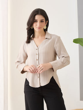 Latin Quarters Women Beige Stripes Full Sleeves Collar Neck Casual Shirt