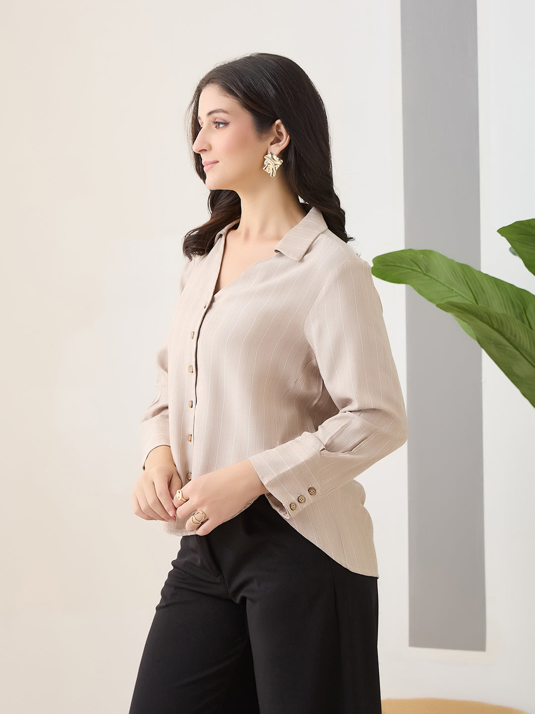 Latin Quarters Women Beige Stripes Full Sleeves Collar Neck Casual Shirt