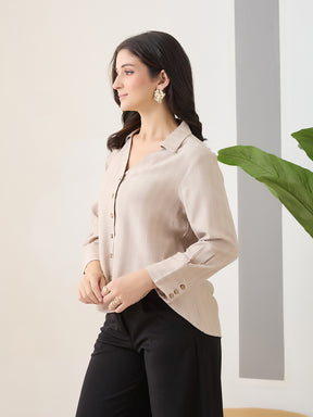 Latin Quarters Women Beige Stripes Full Sleeves Collar Neck Casual Shirt