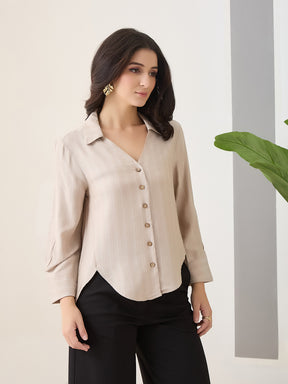 Latin Quarters Women Beige Stripes Full Sleeves Collar Neck Casual Shirt