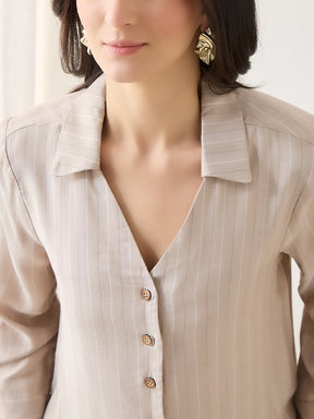 Latin Quarters Women Beige Stripes Full Sleeves Collar Neck Casual Shirt