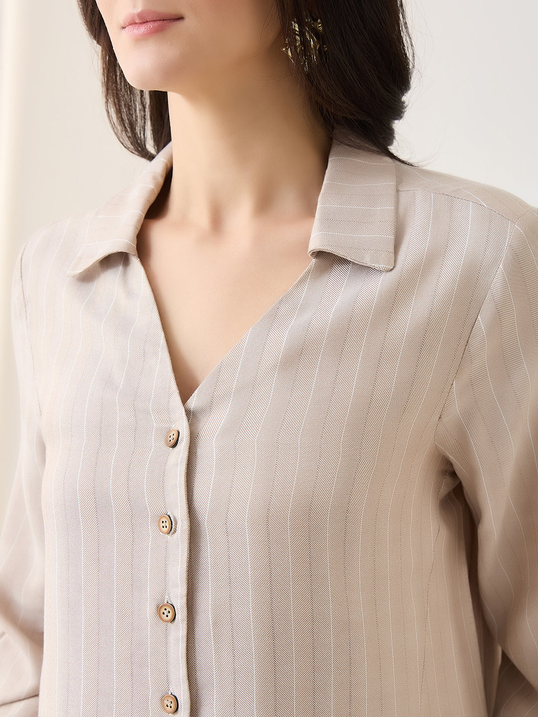 Latin Quarters Women Beige Stripes Full Sleeves Collar Neck Casual Shirt