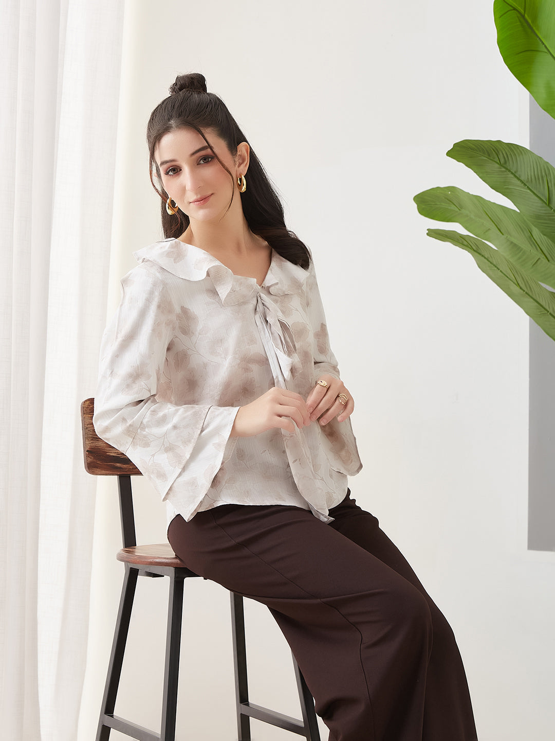 Latin Quarters Women Off White Printed Full Sleeves Casual Top