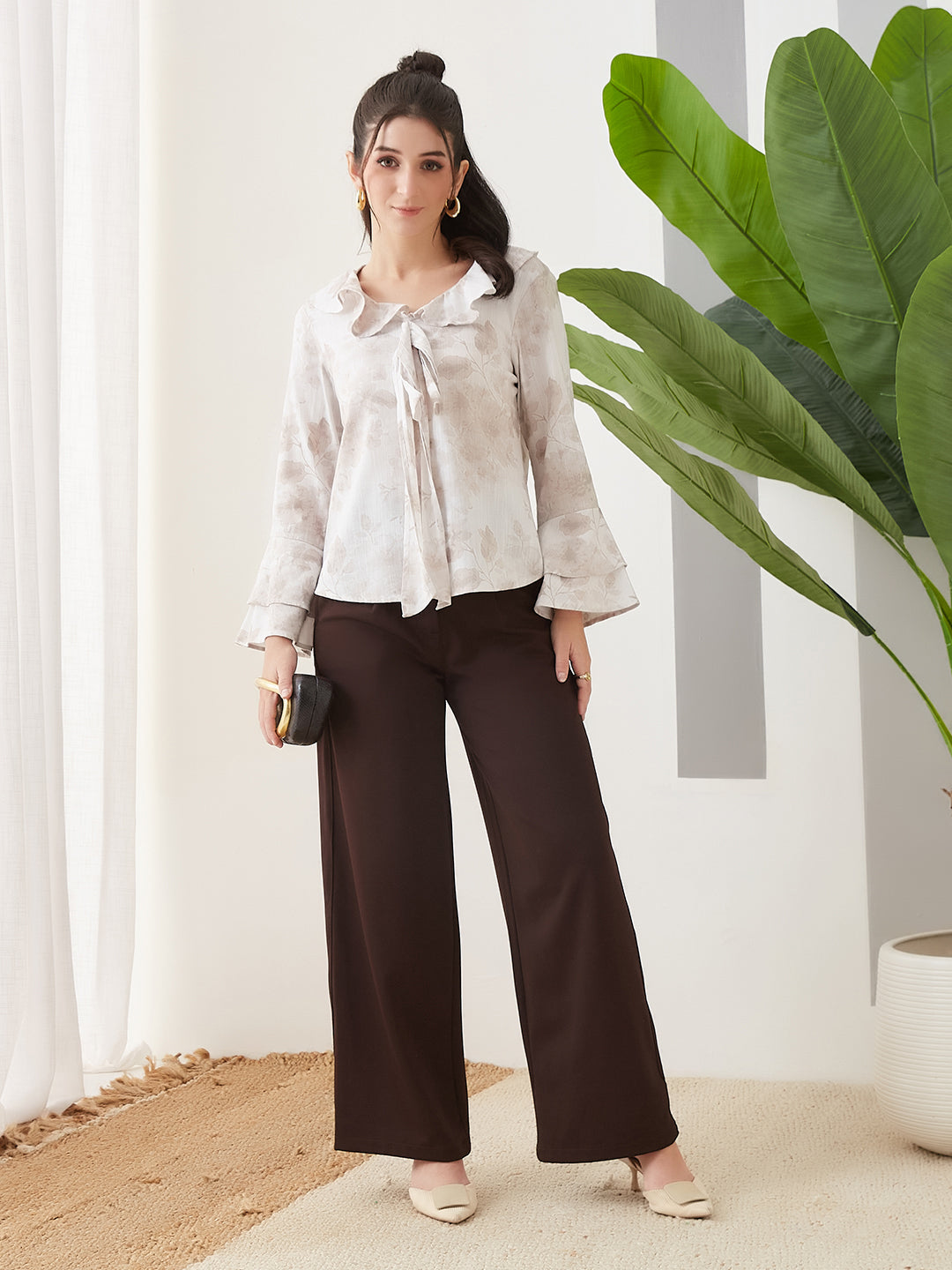 Latin Quarters Women Off White Printed Full Sleeves Casual Top