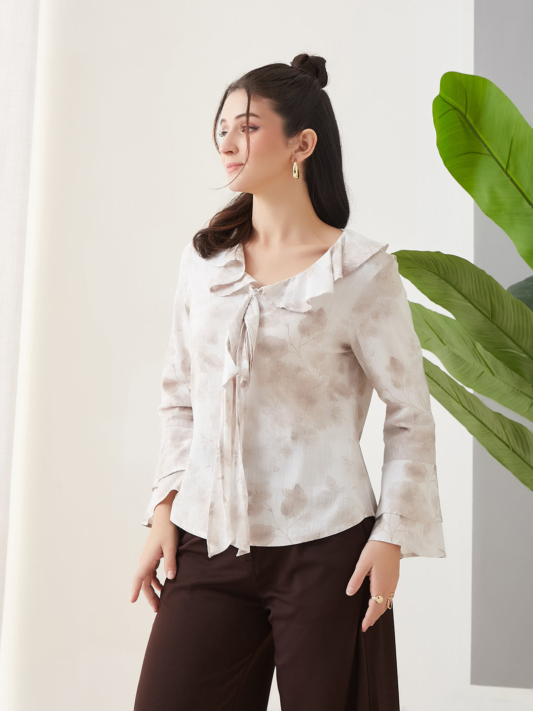 Latin Quarters Women Off White Printed Full Sleeves Casual Top