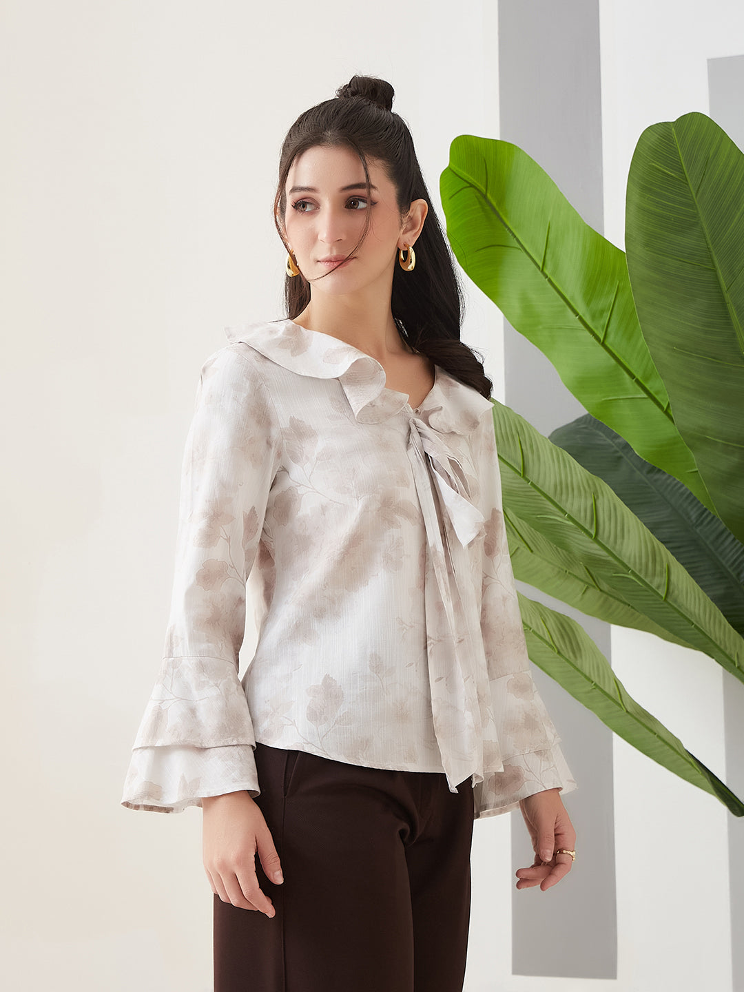 Latin Quarters Women Off White Printed Full Sleeves Casual Top