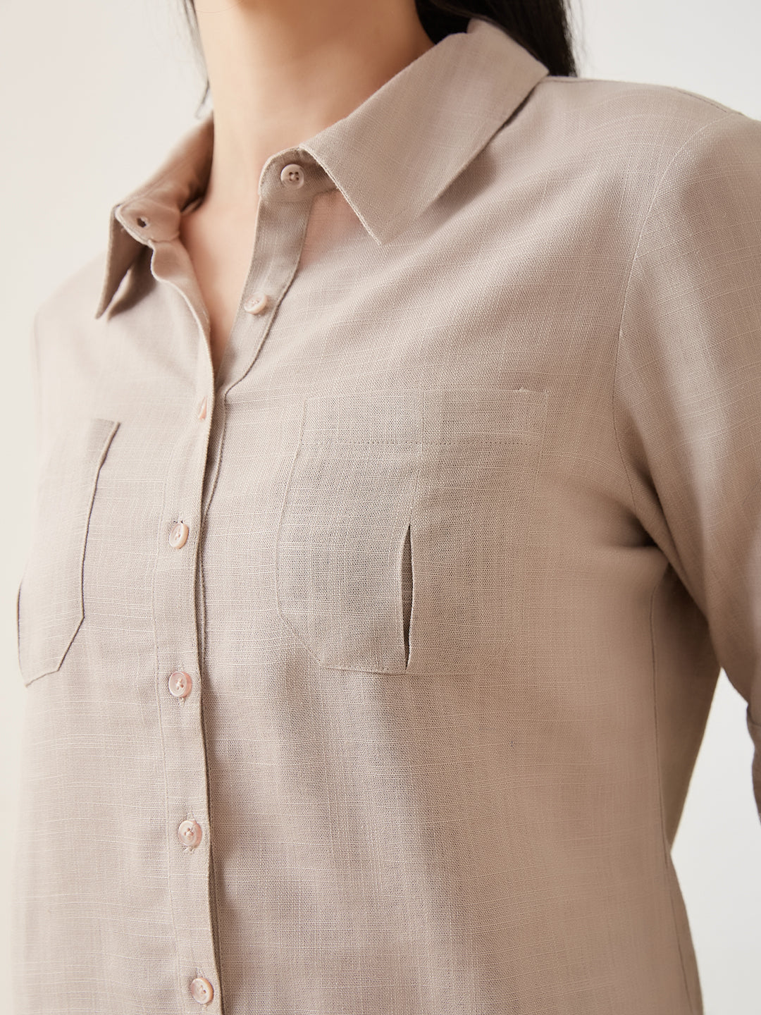 Latin Quarters Women Beige Solid 3/4th Sleeves Collar Neck Casual Shirt