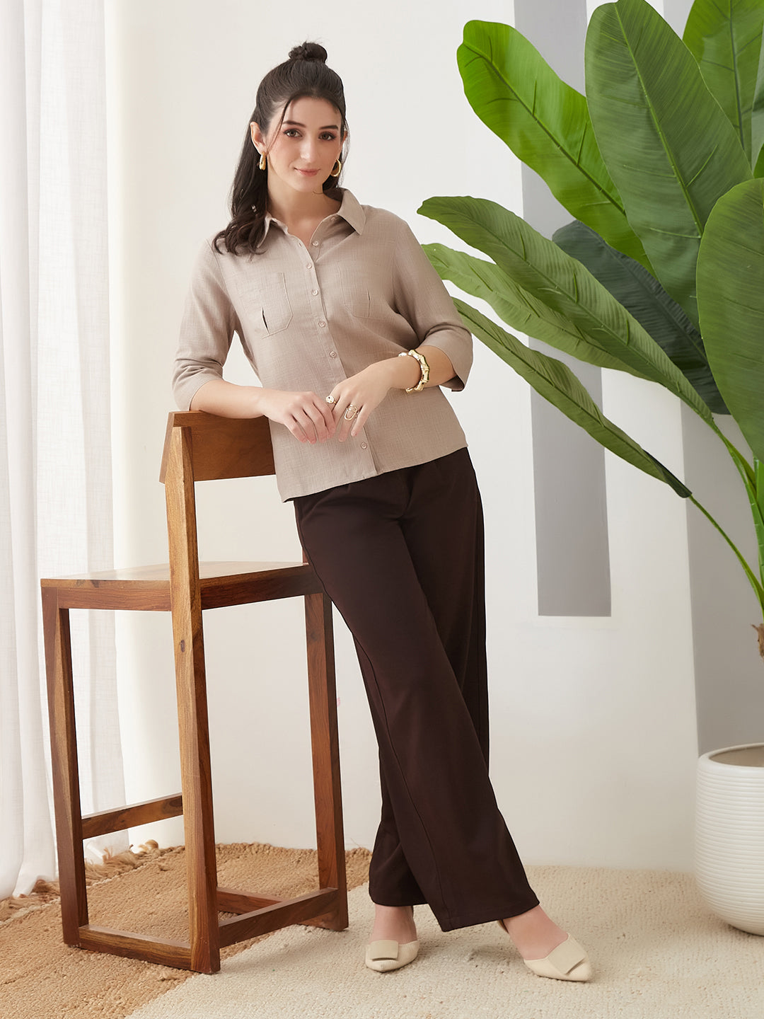 Latin Quarters Women Beige Solid 3/4th Sleeves Collar Neck Casual Shirt