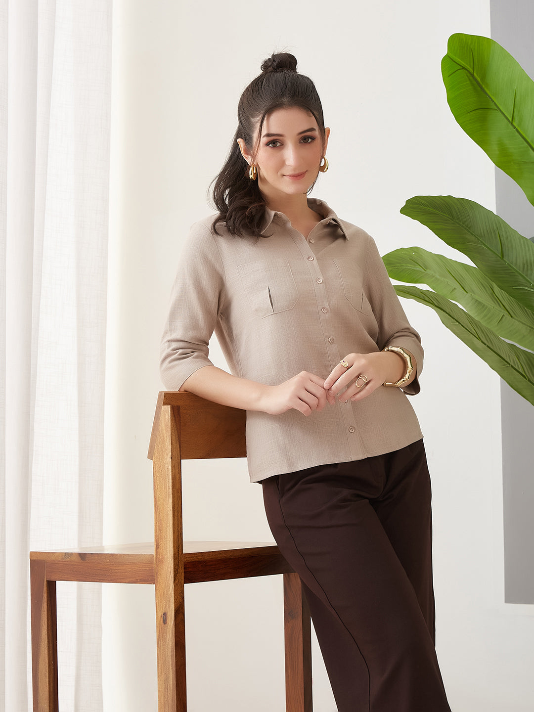 Latin Quarters Women Beige Solid 3/4th Sleeves Collar Neck Casual Shirt