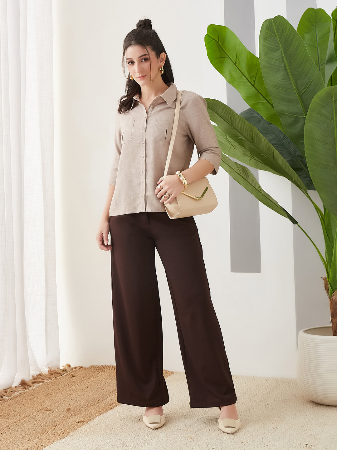 Latin Quarters Women Beige Solid 3/4th Sleeves Collar Neck Casual Shirt