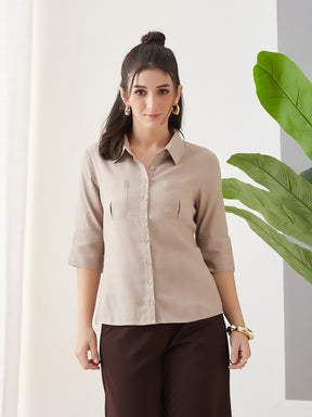 Latin Quarters Women Beige Solid 3/4th Sleeves Collar Neck Casual Shirt