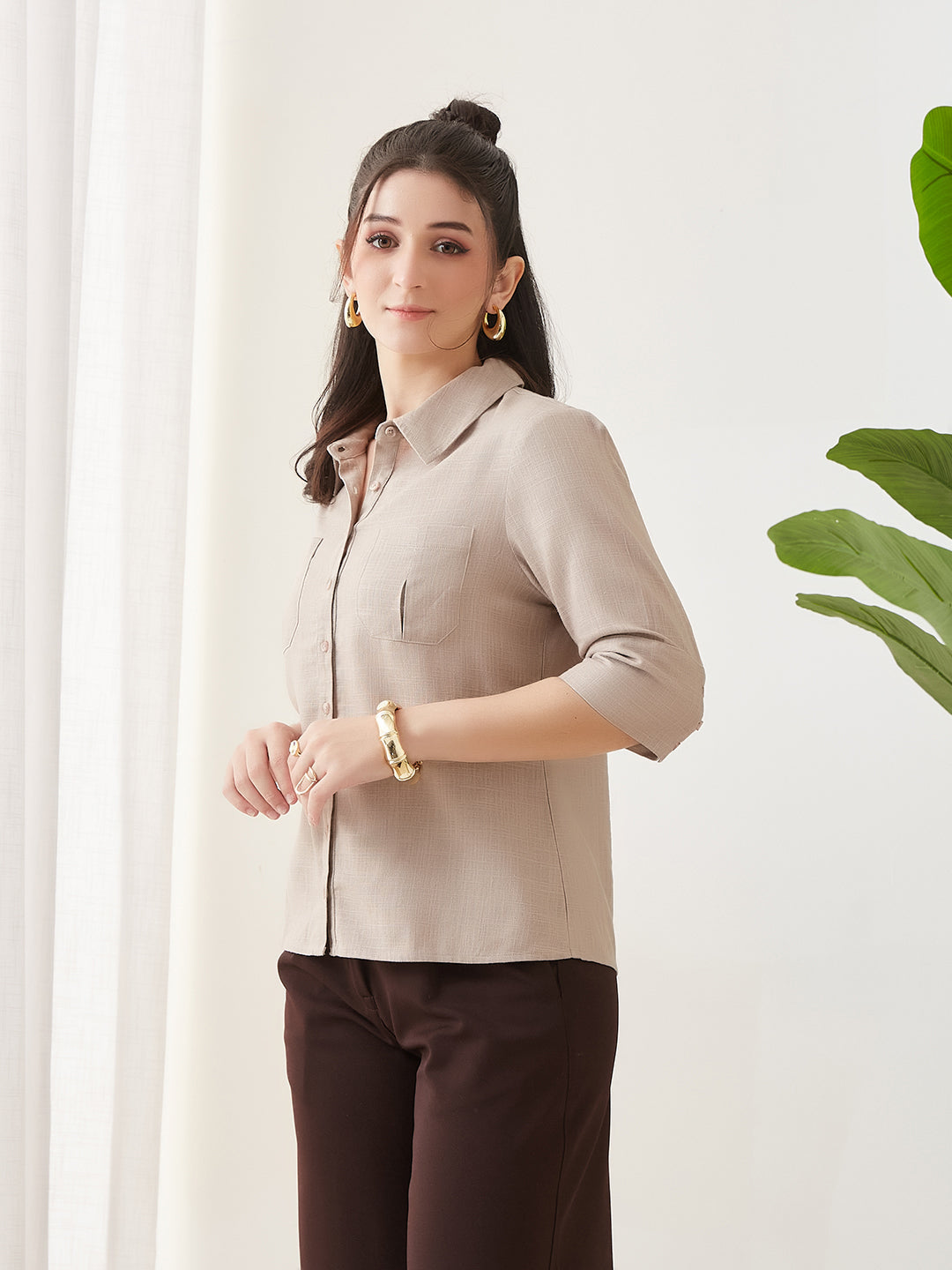 Latin Quarters Women Beige Solid 3/4th Sleeves Collar Neck Casual Shirt