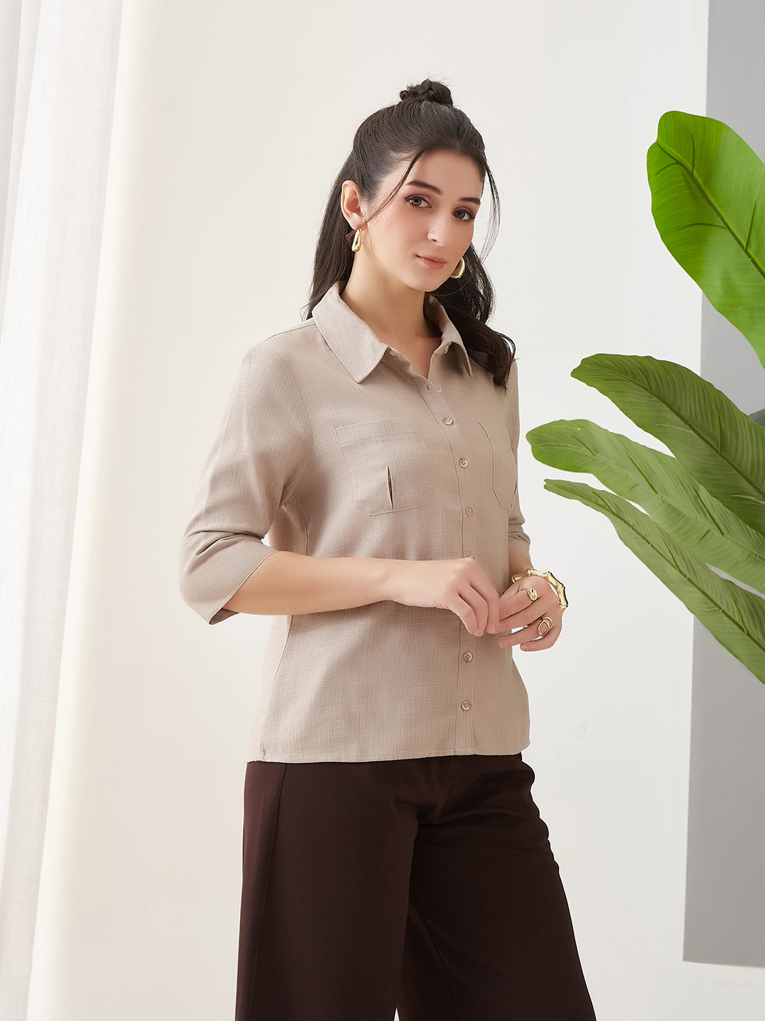 Latin Quarters Women Beige Solid 3/4th Sleeves Collar Neck Casual Shirt