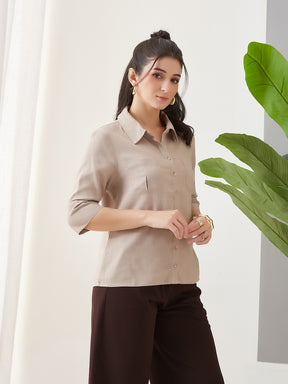 Latin Quarters Women Beige Solid 3/4th Sleeves Collar Neck Casual Shirt