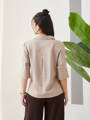 Latin Quarters Women Beige Solid 3/4th Sleeves Collar Neck Casual Shirt