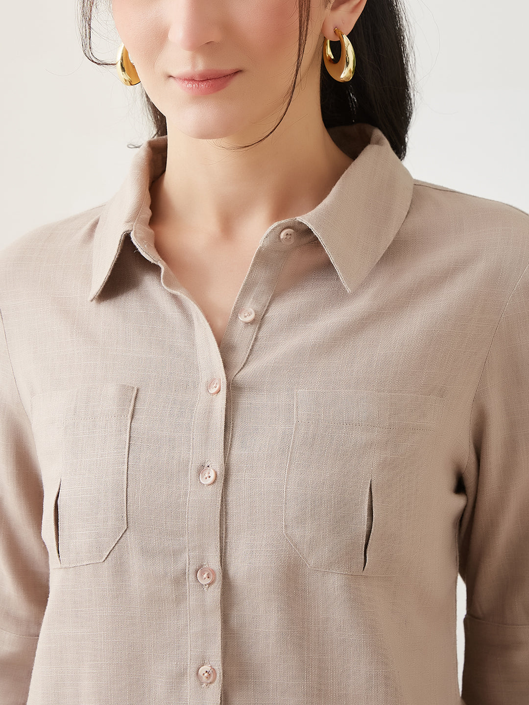 Latin Quarters Women Beige Solid 3/4th Sleeves Collar Neck Casual Shirt