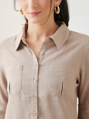 Latin Quarters Women Beige Solid 3/4th Sleeves Collar Neck Casual Shirt