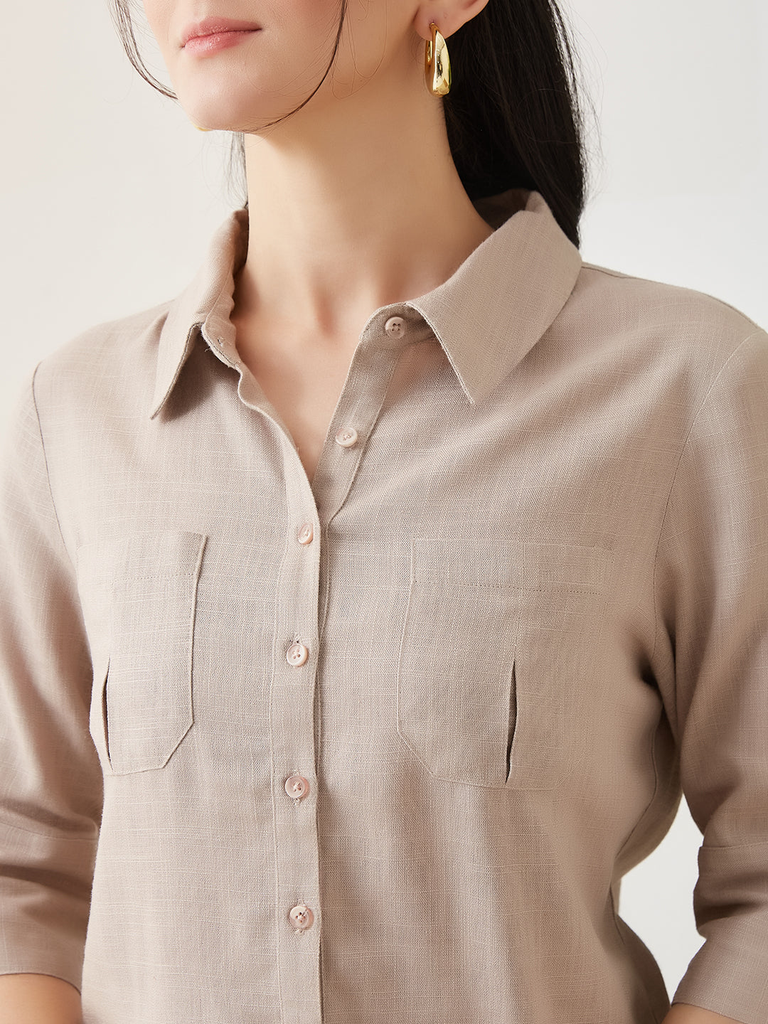 Latin Quarters Women Beige Solid 3/4th Sleeves Collar Neck Casual Shirt