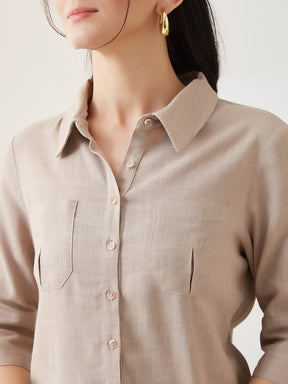 Latin Quarters Women Beige Solid 3/4th Sleeves Collar Neck Casual Shirt