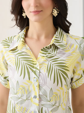 Latin Quarters Women Green Printed Cap Sleeves Casual Shirt