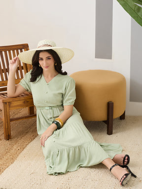 Latin Quarters Women Green Solid Half Sleeves V-Neck Midi Casual Dress