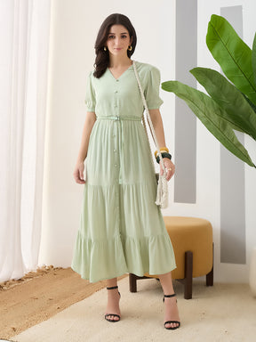 Latin Quarters Women Green Solid Half Sleeves V-Neck Midi Casual Dress